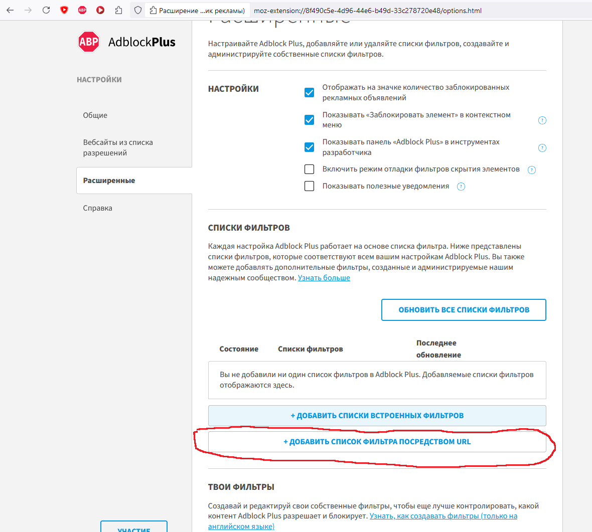 Добавление кастомных правил блокировки в Adblock Plus