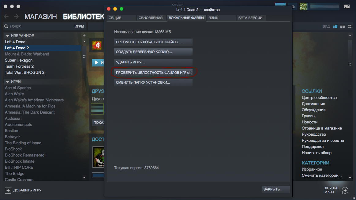 Проверка целостности файлов игры в Steam под macOS