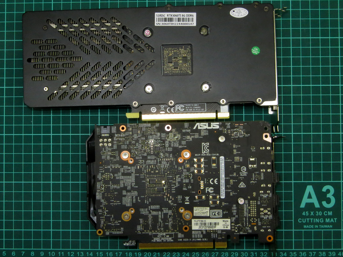 SHELI 51RISC RTX3060Ti 8G ASUS GTX1060 3G Phoenix сравнение задняя сторона бэкплейт backplate печатная плата
